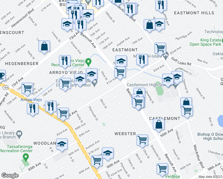 map of restaurants, bars, coffee shops, grocery stores, and more near 82nd Avenue & Olive Street in Oakland