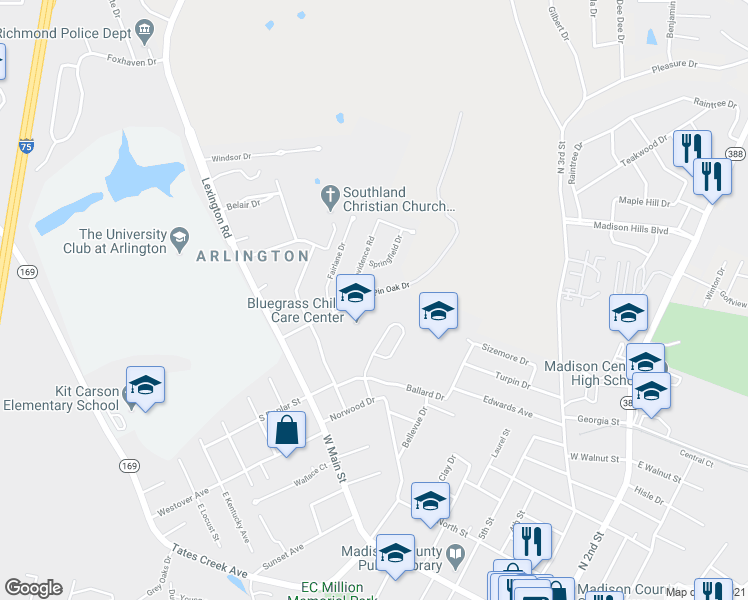 map of restaurants, bars, coffee shops, grocery stores, and more near 307 Pin Oak Drive in Richmond