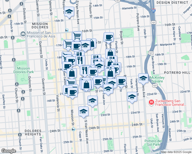 map of restaurants, bars, coffee shops, grocery stores, and more near in San Francisco