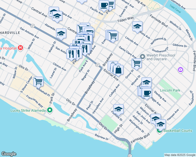 map of restaurants, bars, coffee shops, grocery stores, and more near in Alameda