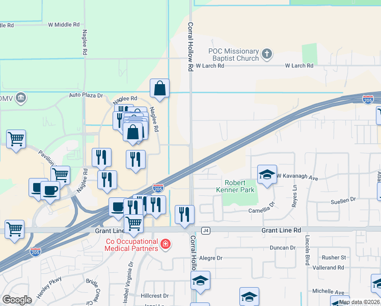 map of restaurants, bars, coffee shops, grocery stores, and more near 3197 Corral Hollow Road in Tracy