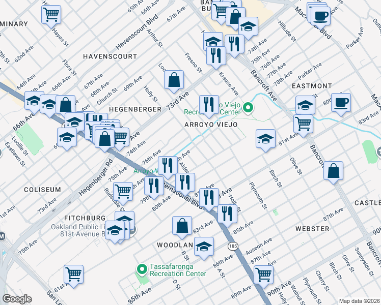 map of restaurants, bars, coffee shops, grocery stores, and more near 1557 78th Avenue in Oakland