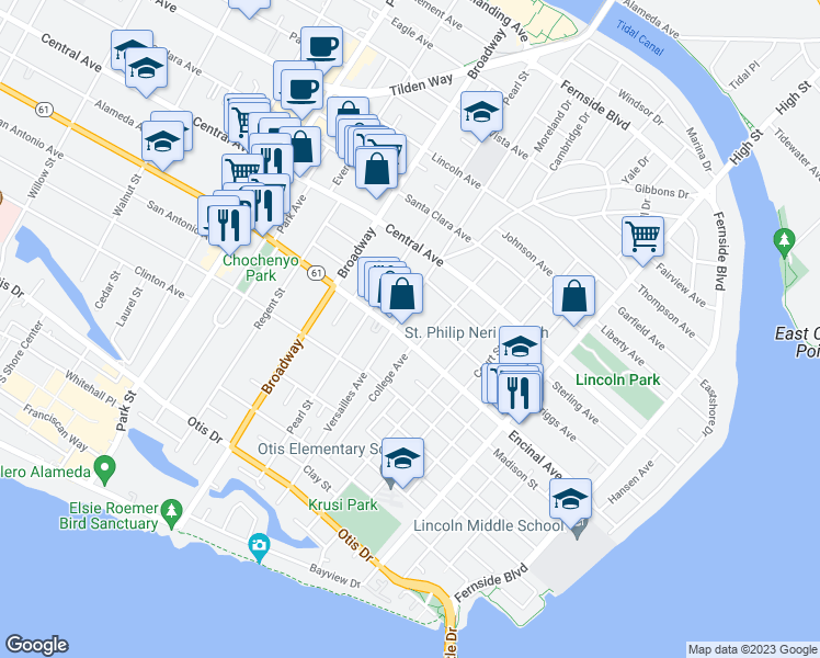 map of restaurants, bars, coffee shops, grocery stores, and more near 1312 Versailles Avenue in Alameda