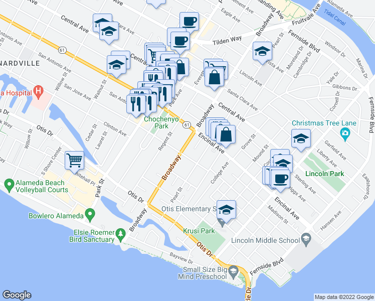 map of restaurants, bars, coffee shops, grocery stores, and more near 1226 Broadway in Alameda