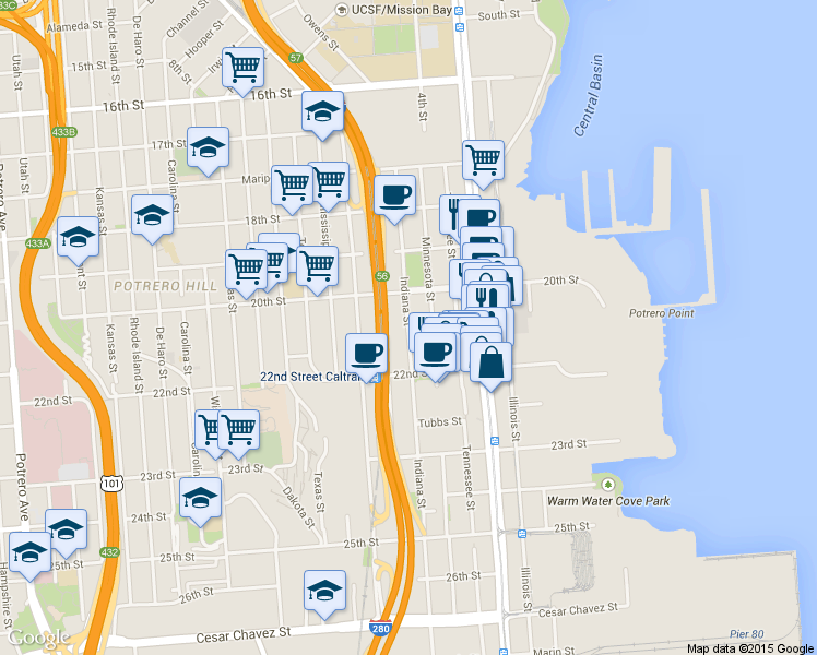 map of restaurants, bars, coffee shops, grocery stores, and more near 867 Indiana Street in San Francisco