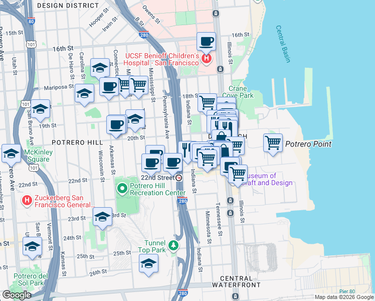 map of restaurants, bars, coffee shops, grocery stores, and more near 867 Indiana Street in San Francisco