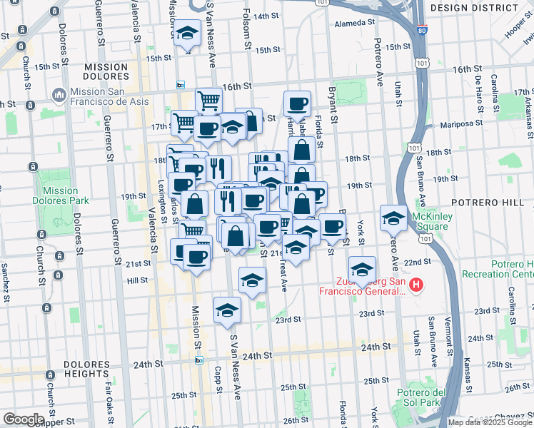map of restaurants, bars, coffee shops, grocery stores, and more near in San Francisco