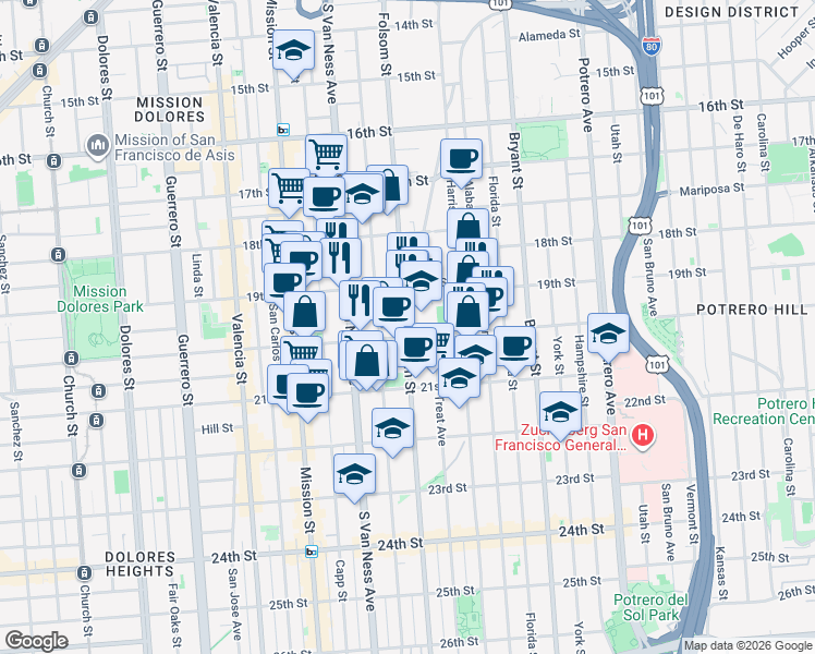 map of restaurants, bars, coffee shops, grocery stores, and more near in San Francisco