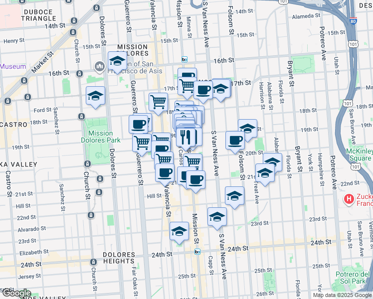 map of restaurants, bars, coffee shops, grocery stores, and more near 2344 Mission Street in San Francisco