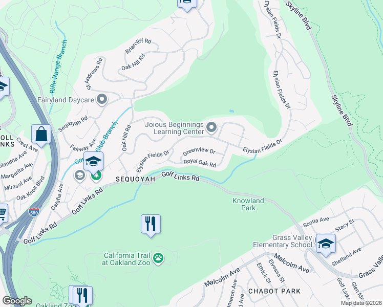 map of restaurants, bars, coffee shops, grocery stores, and more near 10362 Greenview Drive in Oakland