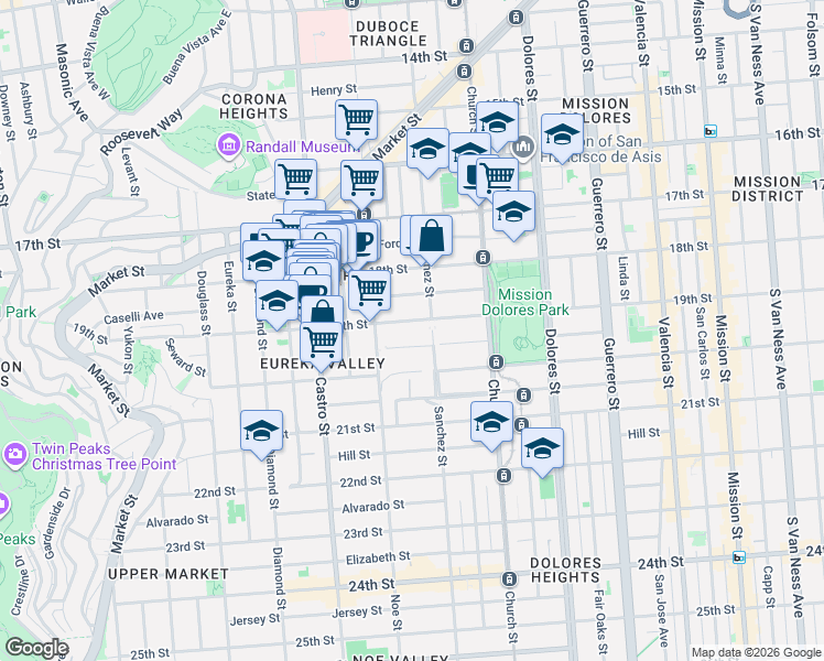 map of restaurants, bars, coffee shops, grocery stores, and more near 580 Sanchez Street in San Francisco