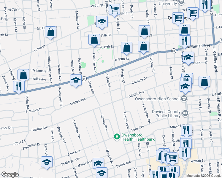 map of restaurants, bars, coffee shops, grocery stores, and more near 1515 Robin Road in Owensboro