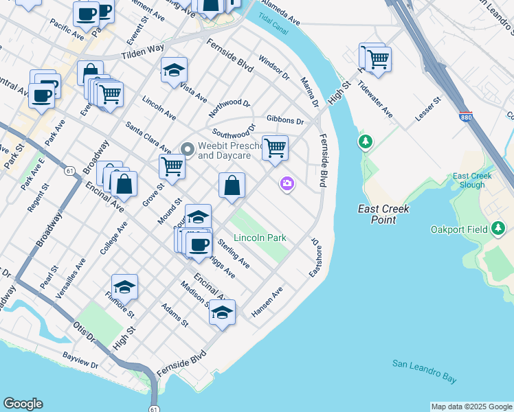 map of restaurants, bars, coffee shops, grocery stores, and more near 3215 Liberty Avenue in Alameda