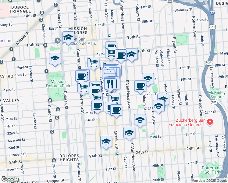 map of restaurants, bars, coffee shops, grocery stores, and more near 2361 Mission Street in San Francisco