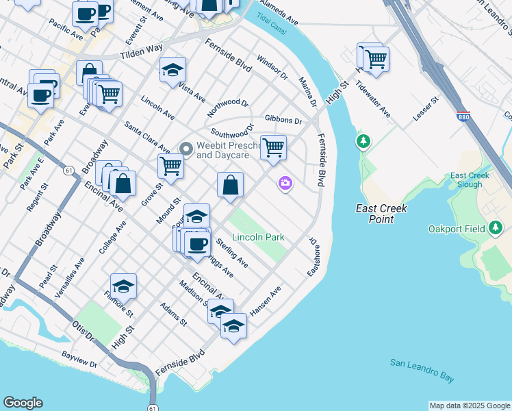 map of restaurants, bars, coffee shops, grocery stores, and more near 3215 Liberty Avenue in Alameda