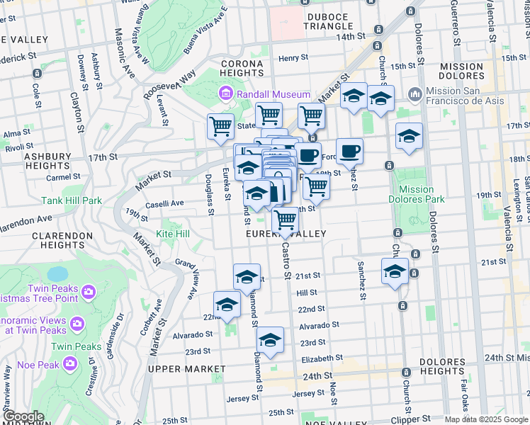 map of restaurants, bars, coffee shops, grocery stores, and more near 19th St & Collingwood St in San Francisco
