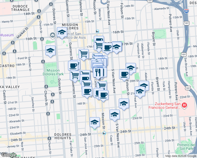 map of restaurants, bars, coffee shops, grocery stores, and more near 2344 Mission Street in San Francisco