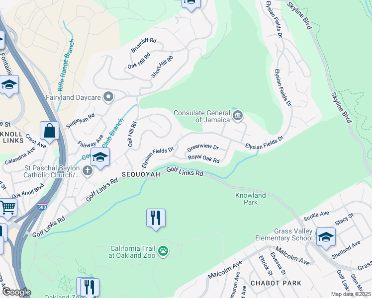 map of restaurants, bars, coffee shops, grocery stores, and more near 10336 Greenview Drive in Oakland