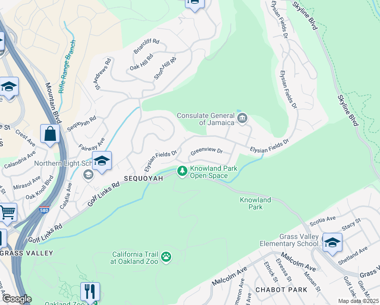 map of restaurants, bars, coffee shops, grocery stores, and more near 10336 Greenview Drive in Oakland