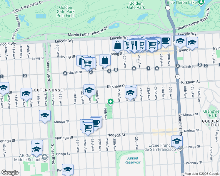 map of restaurants, bars, coffee shops, grocery stores, and more near 1501 28th Avenue in San Francisco