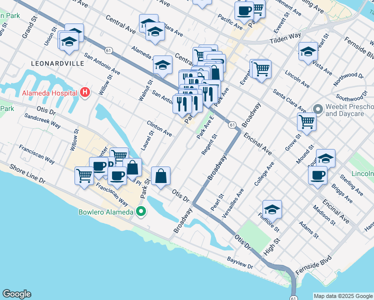 map of restaurants, bars, coffee shops, grocery stores, and more near 1209 Park Avenue in Alameda