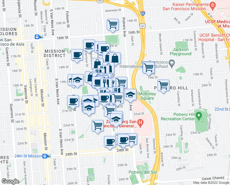 map of restaurants, bars, coffee shops, grocery stores, and more near 20th St & York St in San Francisco
