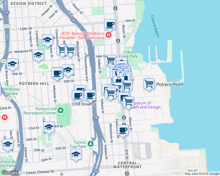 map of restaurants, bars, coffee shops, grocery stores, and more near 909 Tennessee Street in San Francisco