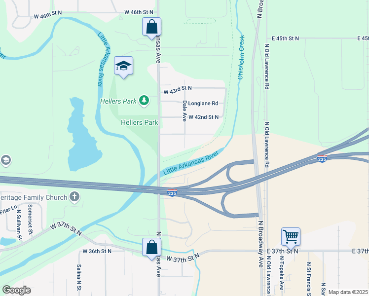 map of restaurants, bars, coffee shops, grocery stores, and more near 4100 Dale Avenue in Wichita