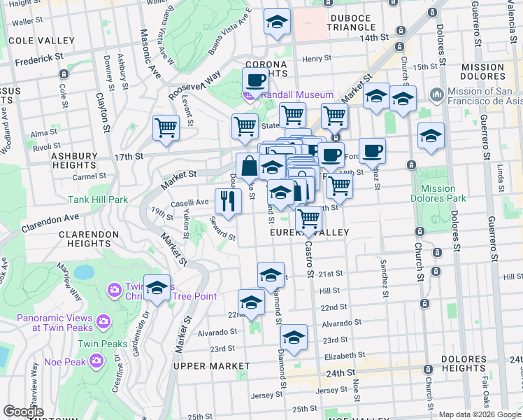 map of restaurants, bars, coffee shops, grocery stores, and more near 149 Eureka Street in San Francisco