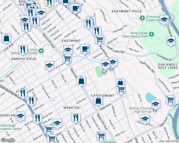 map of restaurants, bars, coffee shops, grocery stores, and more near 2314 84th Avenue in Oakland