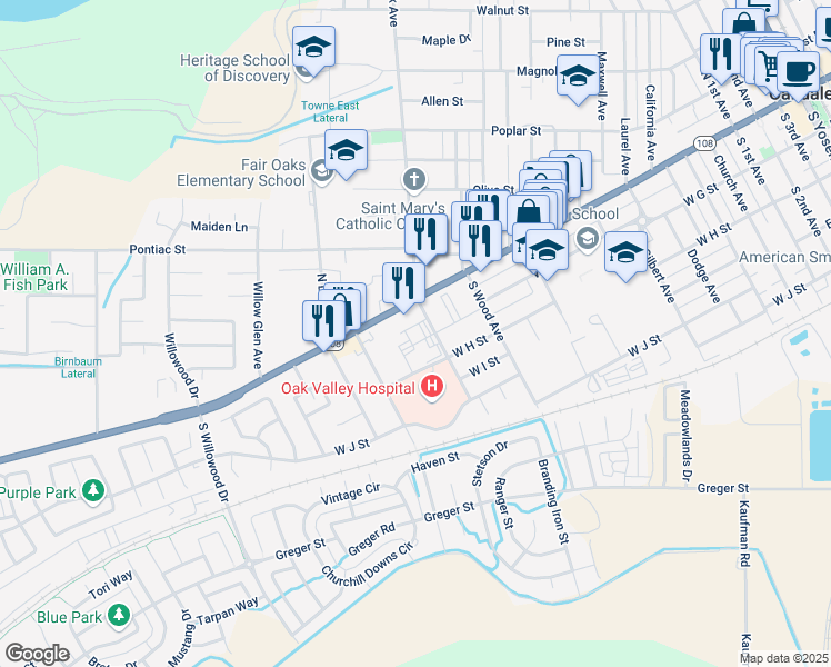 map of restaurants, bars, coffee shops, grocery stores, and more near 1405 West F Street in Oakdale