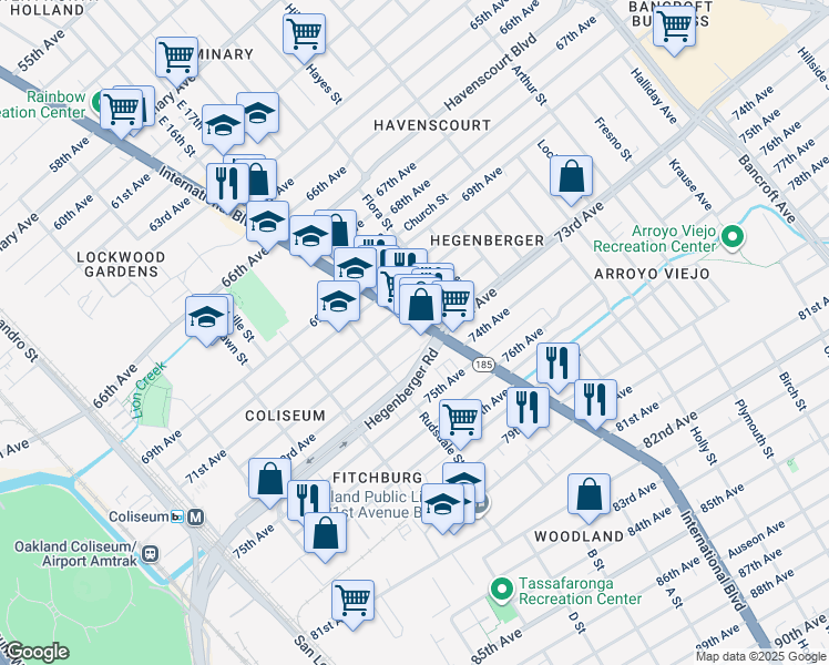 map of restaurants, bars, coffee shops, grocery stores, and more near 7101 East 14th Street in Oakland