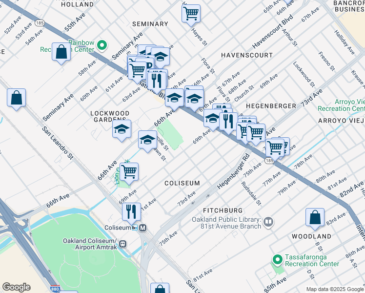 map of restaurants, bars, coffee shops, grocery stores, and more near 6720 Hamilton Street in Oakland