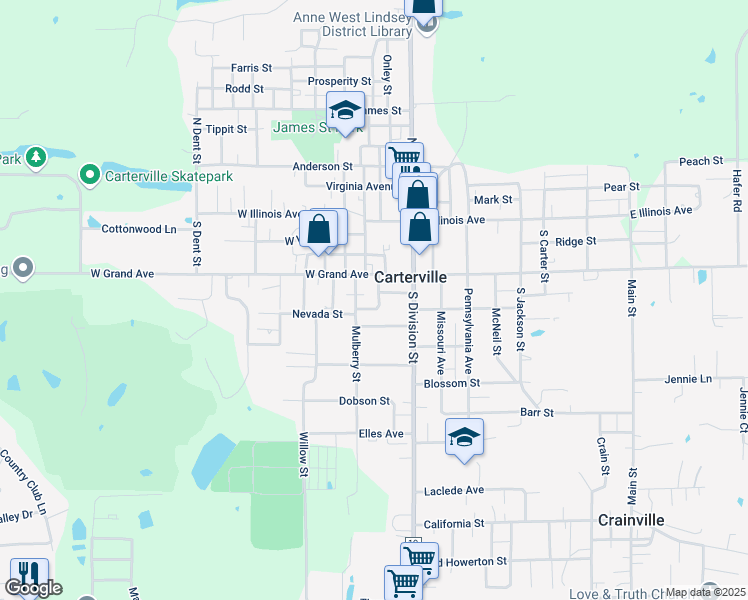 map of restaurants, bars, coffee shops, grocery stores, and more near 212 Vine Al in Carterville
