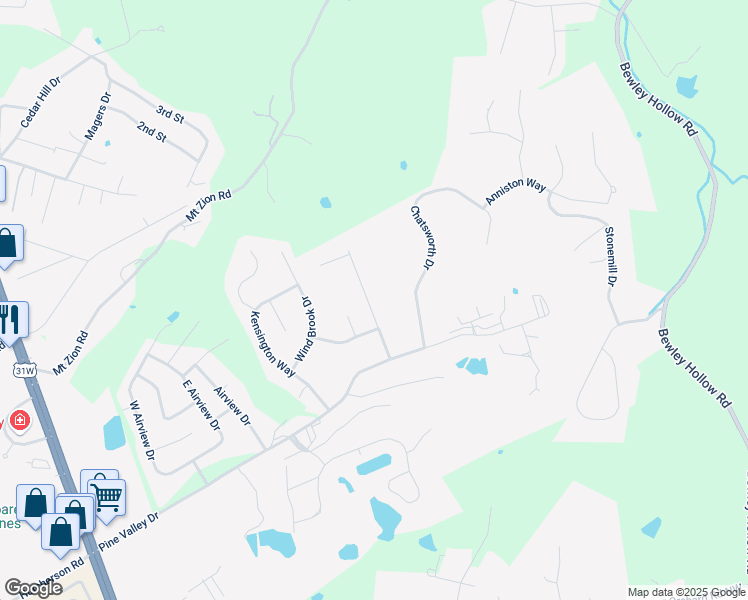 map of restaurants, bars, coffee shops, grocery stores, and more near 2519 Shadow Creek Lane in Elizabethtown