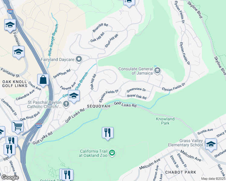map of restaurants, bars, coffee shops, grocery stores, and more near 82 Elysian Fields Drive in Oakland