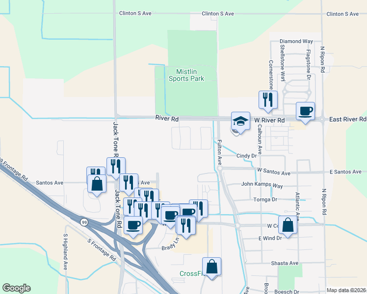 map of restaurants, bars, coffee shops, grocery stores, and more near 1644 Carrara Lane in Ripon