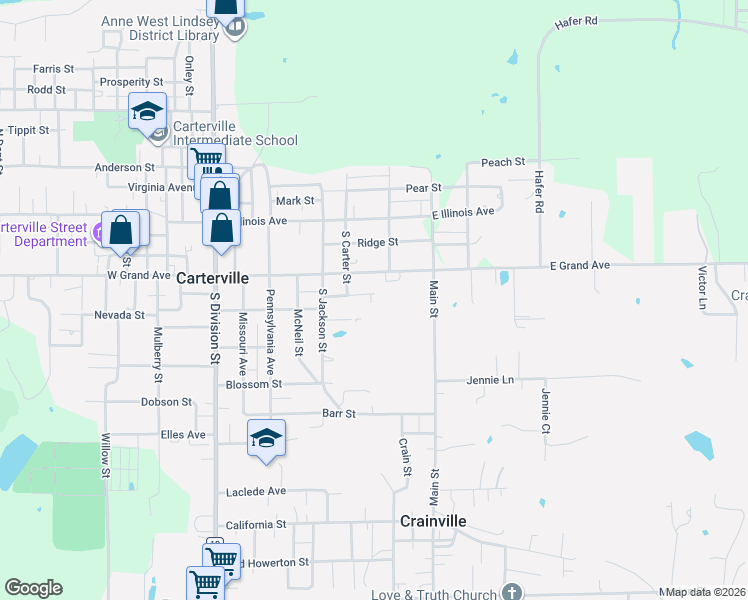 map of restaurants, bars, coffee shops, grocery stores, and more near 609 1st Street in Carterville