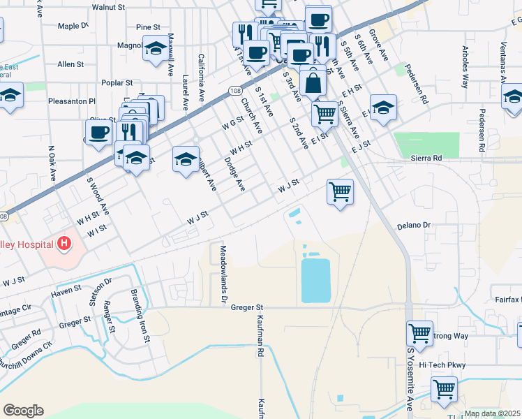map of restaurants, bars, coffee shops, grocery stores, and more near 329 Birdwell Street in Oakdale