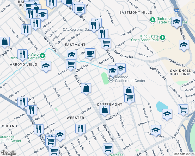 map of restaurants, bars, coffee shops, grocery stores, and more near 2344 84th Avenue in Oakland
