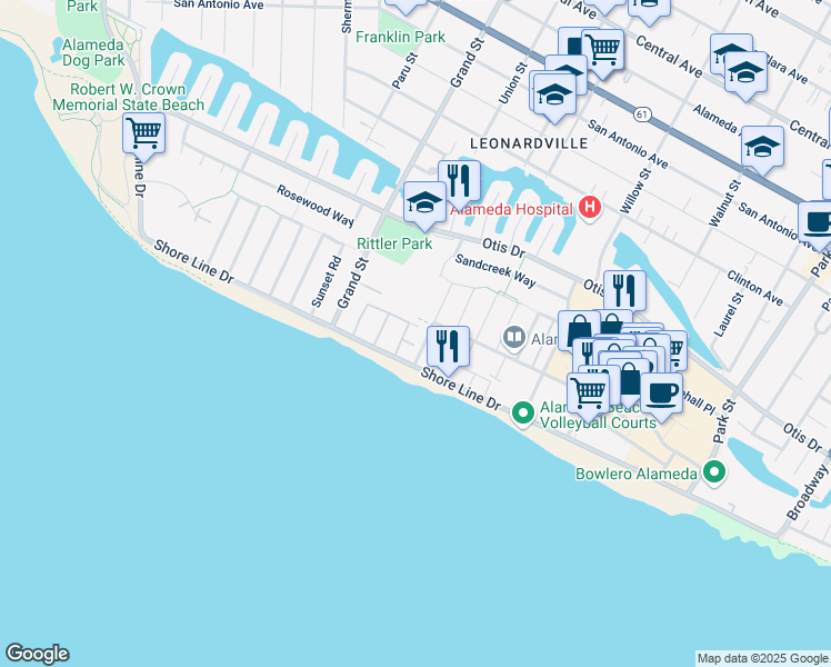 map of restaurants, bars, coffee shops, grocery stores, and more near 333 Kitty Hawk Road in Alameda