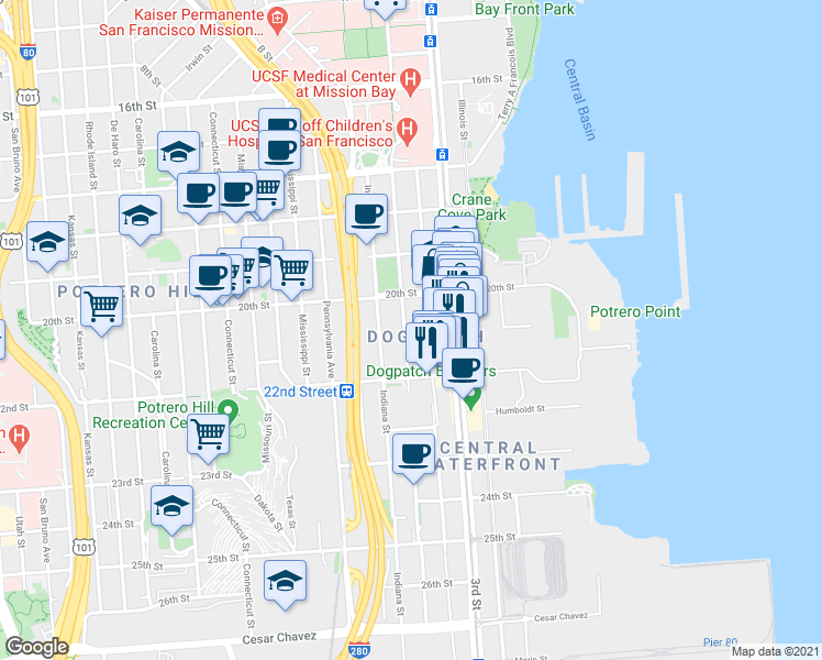 map of restaurants, bars, coffee shops, grocery stores, and more near 909 Tennessee Street in San Francisco