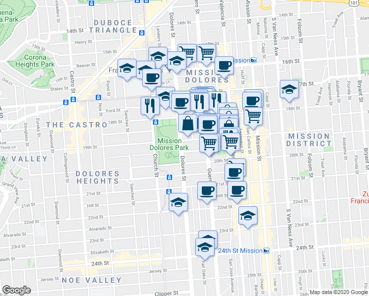 map of restaurants, bars, coffee shops, grocery stores, and more near in San Francisco