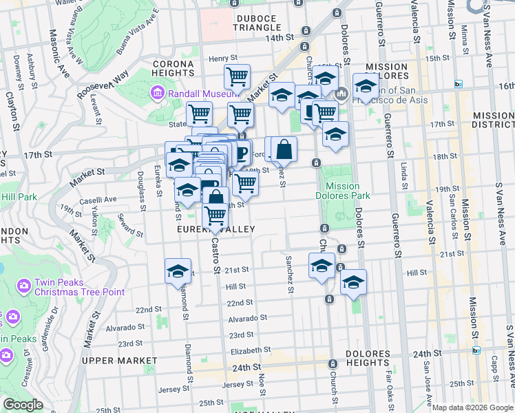 map of restaurants, bars, coffee shops, grocery stores, and more near 580 Sanchez Street in San Francisco