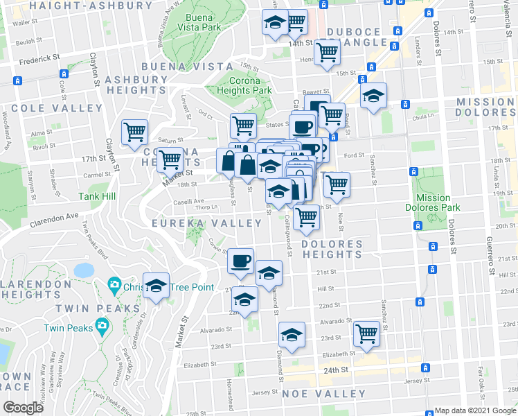 map of restaurants, bars, coffee shops, grocery stores, and more near 149 Eureka Street in San Francisco