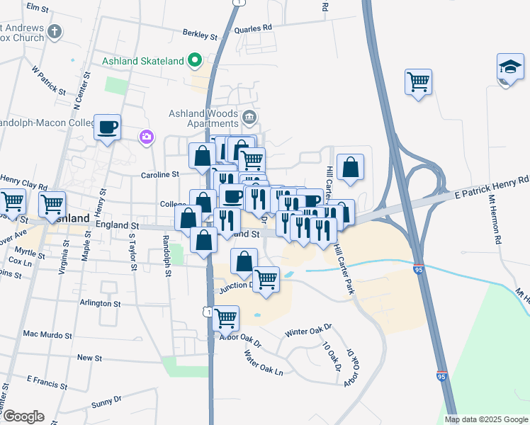 map of restaurants, bars, coffee shops, grocery stores, and more near 12 Trotter Mill Close in Ashland