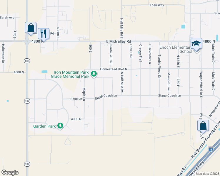 map of restaurants, bars, coffee shops, grocery stores, and more near 4509 North Gold Dust Trail Street in Enoch
