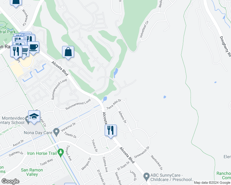 map of restaurants, bars, coffee shops, grocery stores, and more near 1120 Canyon Green Dr in San Ramon