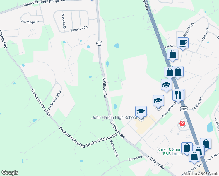 map of restaurants, bars, coffee shops, grocery stores, and more near 5858 South Wilson Road in Elizabethtown