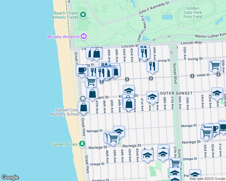 map of restaurants, bars, coffee shops, grocery stores, and more near 1464 45th Avenue in San Francisco